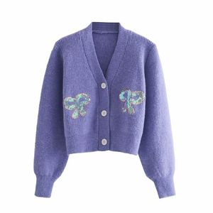 sexig v nacke kvinnor kort cardigan sommar båge sequins damer tröja lila casual kvinnliga stickade tjejer tjejer skjortor 210521