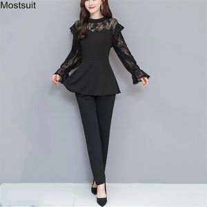 Spring Fashion Elegant OL Outfits Women Two Piece Sets Plus Size Long Sleeve Lace Patchwork Tunic Tops And Pants Set Suit Korean 210518