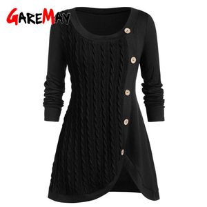 Abito maglione nero Donna inverno caldo spesso lavorato a maglia irregolare da donna manica lunga con bottoni o collo taglie forti 210428