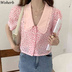 Drukuj Koszulki Kobiety Koreański Lato Eleganckie Topy Peter Pan Collar Sleeve Puff Sleeve Blusas Mujer Luźna Krótka Bluzka Vintage 4i851 210422