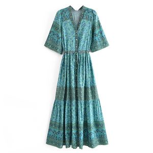 Casual sukienki niebieski zielony rocznika kwiatowy kobiety z krótkim rękawem przyciski puszek maxi sukienka bawełniana bohemian lato plaża party nosić długie boho