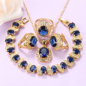 Earrings & Necklace + Quality Blue Zircon Gold Color African Jewelry Set For Women Trendy Costume Clip Charm Bracelet And Ring