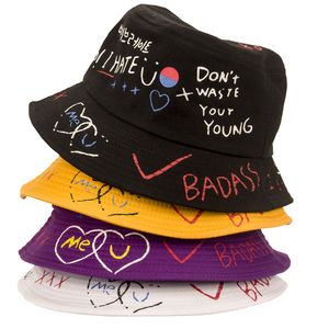 Cappello da pescatore a doppia faccia a forma di cuore, hipster femminile, stile giapponese, street graffiti, stampa hip-hop, cappellino parasole