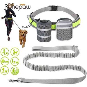 Benepaw reflekterande handsfree hund koppel med två förvaringspåsar Justerbar midja Elastic Pet Running Leash för medelstora stora hundar 210729