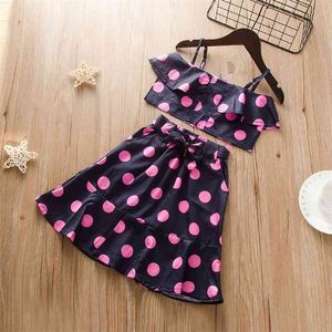 Summer Children Sets Fashion Strap Pink Dot Tops Bow Skirt Casual 2Pcs Girls Clothes 2-9T 210629