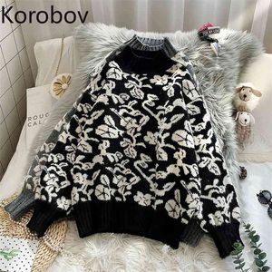 Korobov vintage blomma stickad jacquard tröja koreanska chic turtleneck tjocka pullovers hajuku ol slog färg super mujer 210430