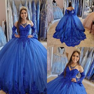 Royal Blue Princess Quinceanera Dresses 2021 Sweetheart Lace Aplikacje Zroszony Prom Suknia Gorset Powrót Sweet 16 Sukienka Długie Rękawy Specjalne okazje Formalne Nosić Al9368