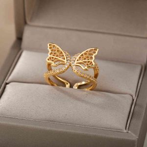 Корейский модный открытие Zircon Butterfly кольца для женщин Винтаж Золотая щепка Цвет Животных Крылья Кольца Пальца Бохо Ювелирные Изделия Boho G1125