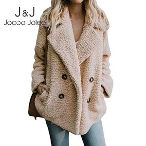 Jocoo Joleeの女性のカジュアルなテディコート女性秋冬の暖かいフェイクの毛皮のコート柔らかいふわふわのフリースのジャケットのoutwearプラスサイズ5xl 210518