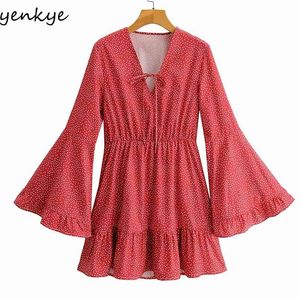 Vintage Polka Dot Red Women Dress V Neck Flare Sleeve A-Line Mini Vestido Mujer Wakacje Lato Plus Rozmiar 210514