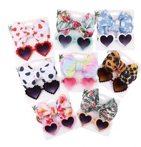 Baby meninas óculos de sol cabeleireiro conjunto desenhos animados coração óculos anti-UV óculos de sol nó headband moda kids acessórios 8 cores