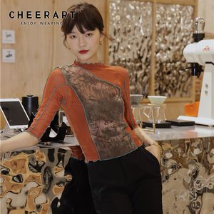 CHEERART Vintage Mesh Crop Top T Shirt Donna Maglietta stampata Summer Top Collo alto Tee Shirts Femme Designer Ladies Top Aesthetic 210508