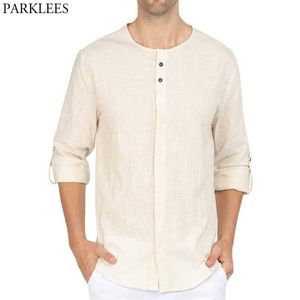 Erkek Keten Henley Gömlek İlkbahar Premium Pamuk Keten Düzenli Fit Elbise Gömlek Erkekler Düğme Aşağı Mandarin Yaka Chemise 210522