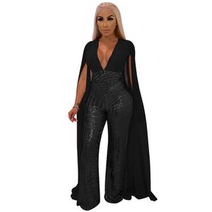 Frauen Eleganter Body Sexy Tiefem V-ausschnitt Pailletten Langarm Backless Cape Bodycon Overalls Plus Größe