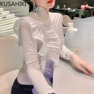 Korean Diamonds Ruffle Patchwork T Shirts Long Sleeve O-neck Slim Baisc Graphic Tees Spring Women 6F857 210603