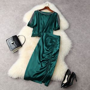 HIGH STREET est Summer Fashion Women's Elegant Plait Slash Neck Short Sleeve Green Tops And Drawstring Split Skirt Sets 210521