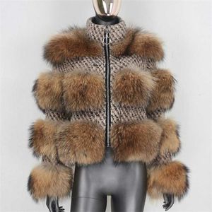Bluenessfair Vinterjacka Kvinnor Real Silver Fur Coat Natural Raccoon Wool Weave Tyg Varm Ytterkläder Streetwear 211220