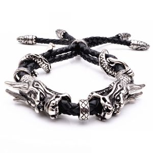 Classic Men Leather Stainless Steel Bracelet Vintage Cuff Rope Double Dragon Head Adjustable Fashion Jewelry Mens Gift