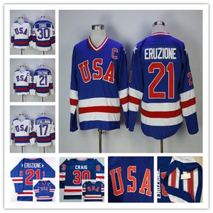 1980 Man Retro USA ishockeytröjor 17 Jack Ocallahan 21 Mike Eruzione 30 Jim Craig Färg Blå Vit Sydda löparuniformer