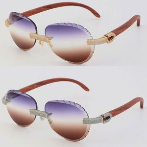 New Rimless Micro-paved Diamond Set Womens Men Sunglasses Wood Sun glasses Male and Female Frame With Oversized Round Lens 18K Gold Outdoor Design Classical Model