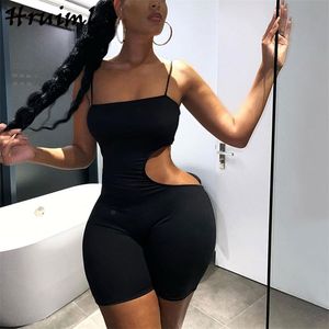 Sexy Bodysuit Romper Women Spaghetti Strap Sleeveless Hollow Out Backless Black Jumpsuit Short Pants Party Club Ropa De Mujer 210513