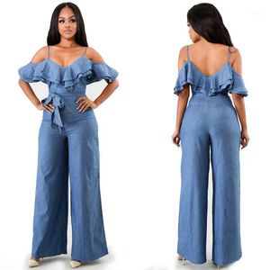 Women's Jumpsuits & Rompers Sexy Jumpsuit Women Spring Backless Short Sleeve High Waist V-neck Denim Bodycon Tracksuit Work Wear Slim Street