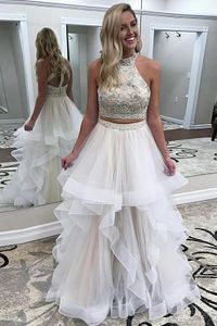 Söt elfenben färg två stycken prom klänning mode halter beading backless händelse slitage party kappa för tonåringar skräddarsydda plus storlek tillgänglig