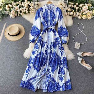 Style Spring And Summer Retro Printing Stand Slim Long A-Line Lantern Sleeve Mid-Calf Dresses for Women 210615