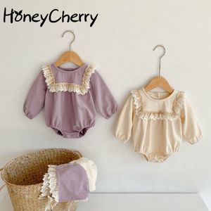 spring girl baby Siamese Romper lace long sleeve triangle climbing clothes send cap girls 210515