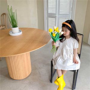 Koreansk stil barn kläder söta tjejer solid färg lösa korta ärm klänningar 1-6 år barn bomull avslappnad klänning 210615