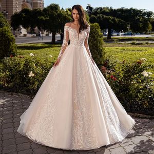 Unique Lace Wedding Dresses Plunging Neck Off Shoulder Bridal Gowns A Line With Long Sleeves Sweep Train Tulle Plus Size Vestido De Novia