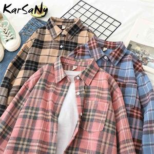 Karsany Spring Plaid Shirt Kvinnor Vintage Blouse Loose Långärmad Kontor Kvinnor Toppar och Blusar Coat Ladies Plaid Blouse Shirt 210715