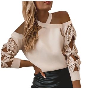 Women's T-Shirt Style Shirts Women Casual Fashion 2021 Strapless Hollow Butterfly Sequined Long Sleeve Tops Clothes Vetement Femme