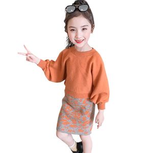 Kızlar Örme Giyim Kazak + Casual Stil Için Etek Giysileri Büyük Sonbahar Kış Çocuk 210528