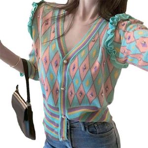 Is Silk Sweater Jacket Kvinnor Vår Höst Fashion V-Neck Tunna Pearl Knappar Stripe Knit Cardigan Coat Kvinna LR1379 210531