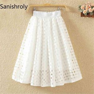 Sanishroly Kvinnor Sommar Söt Kjol Dot Hollow Out Lace S Kvinna A-Line Mini High Waist Ball Gown S036 210708