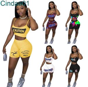 Kvinnor TrackSuits Two Pieces Set Designer Slim Sexig Storstorlek Skriv ut Suspender Top Shorts Sports Suit Ladies Outfits 5 färger