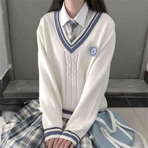 Höst Högkvalitativ Pullover Japansk stil Studenter Skola Uniform V-Neck Girls Kvinnor Tröja Långärmade uniformer 210427