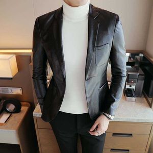 Faux Leder Blazer Anzug Jacke Männer Koreanische Casual Slim Fit Mantel Mode Business Streetwear Blazer Jacken Club DJ Bühne Kleidung 210527