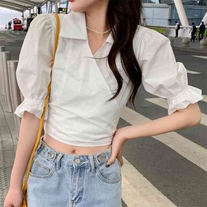 Koreanska söta båge korta kvinnor blouses sexig solid v nacke sommar blusas mujer puff ärm mode casual topptröja vestido de 210514