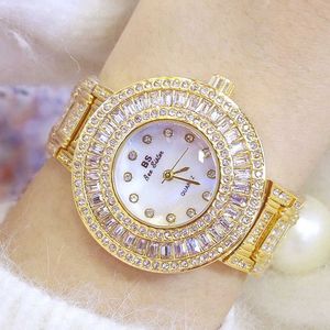 Bs Bee Sister Big Dial Volldiamant Uhren für Frau Berühmte Marke Kristall Weibliche Gold Armbanduhr Einzigartige Damenuhr 210527