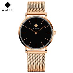 Wwoor Fashion Women Watches Top Marca Luxo Slim Senhoras Vestido Relógio de Pulso Aço Inoxidável Rosa Relevo Gold Watch Montre Femme 210527