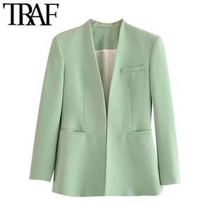 TRAF Women Fashion Office Wear Collarless Blazer Coat Vintage Långärmad Välfickor Kvinnlig Ytterkläder Chic Veste 211006