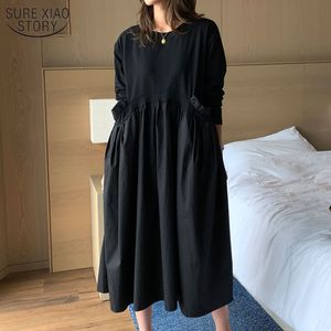 Kvinnor Bomull Klänningar Plus Storlek XL-5XL Höstrund Neck Långärmad Ficka Fake Two-Piste Loose Robe 13345 210508