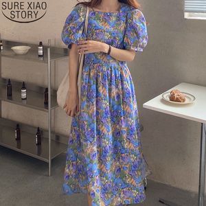 Summer Dress Fashion Women Long Floral Casual Loose Puff Sleeves Mid-Length Elegant Ladies es Vestidos 14509 210510