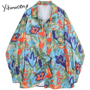 Yitimuceng Vintage Printing Blouse Kvinnor Knacka T-shirts Lösa Spring Kläder Långärmad Sväng Krag Casual Toppar 210601