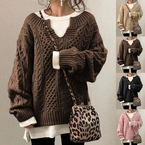 Camisolas de Padrão de Linho de Malha Feminino Camisolas Casuais Longo Solto Pullover Sweater Plus Size Roupa