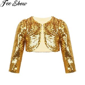 FEESHOW Kids Girls Baby Jacket Coat Sparkly Sequins Cropped Blazer Bolero Shrug Cardigan Top Clothes Stage Performance Costumes 211204