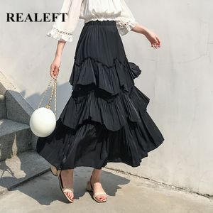 Spring Black Ruffles Women Cake Long Skirts Korean OL Style High Waist Vintage A-Line Mid-Calf Female 210428