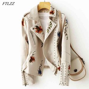 FTLZZ Women Retro Floral Print Embroidery Faux Soft Leather Jacket Coat Turndown Collar Pu Moto Biker Black Punk Outerwear 210916